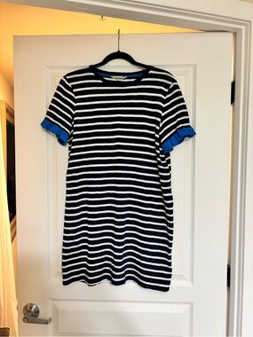 Boden Striped Navy & White T-shirt Dress with Bright Blue Cuff Detail